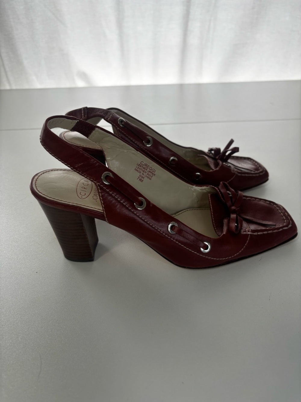 Joan & David Burgundy Leather Slingback Loafer Heels with Bow Accent